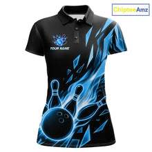Load image into Gallery viewer, Fire Flame Bowling Ball And Pins Bowling Polo Shirt For Women Custom Blue Broken Glass Bowling Team Jersey