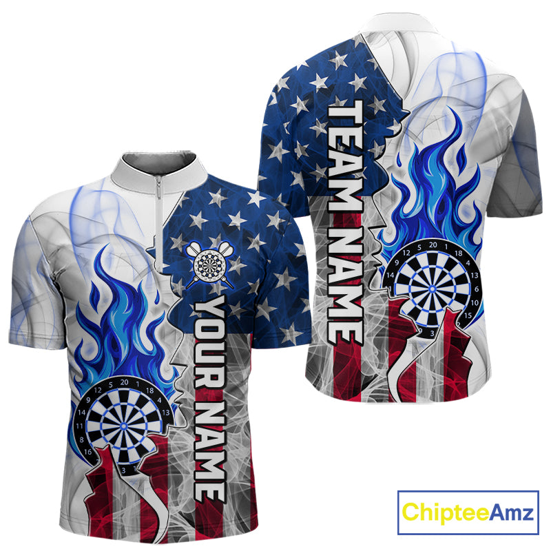 Blue flaming dartboard smoke dart 1/4-zip shirt for men custom dart clothing