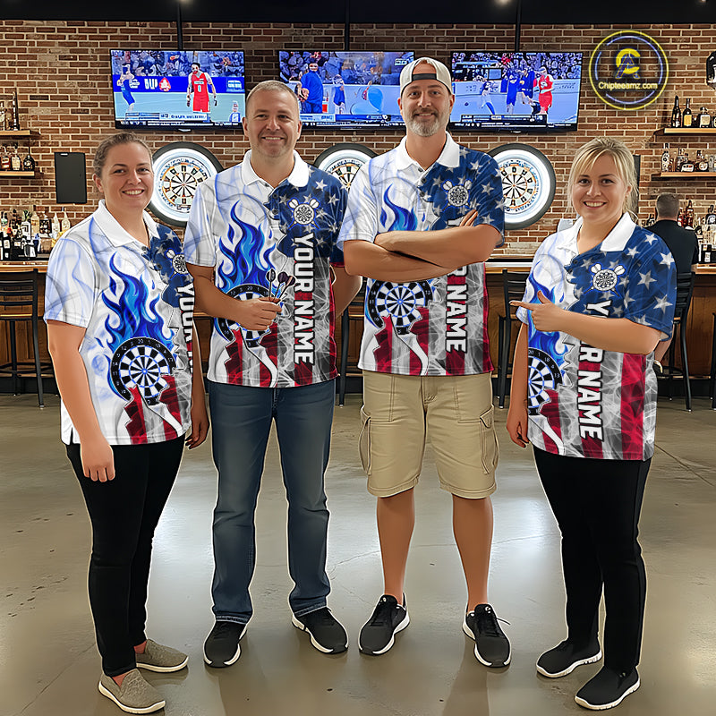 Blue Flaming Dartboard Custom US Flag Smoke Women Dart Polo & 1/4-Zip Shirt Gifts For Dart Players NYN3339