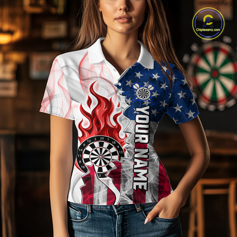 Red Flaming Dartboard Custom US Flag Smoke Women Dart Polo & 1/4-Zip Shirt Gifts For Dart Players NYN3340