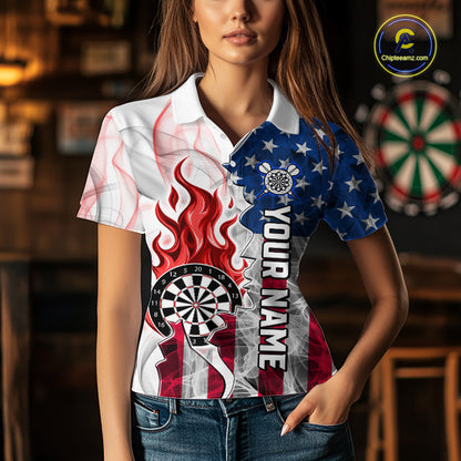 Red Flaming Dartboard Custom US Flag Smoke Women Dart Polo & 1/4-Zip Shirt Gifts For Dart Players NYN3340