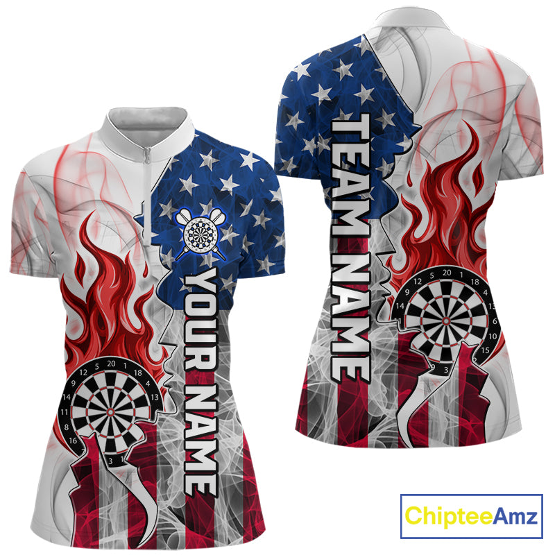 Red flaming dartboard smoke dart 1/4-zip shirt for women custom dart apparel