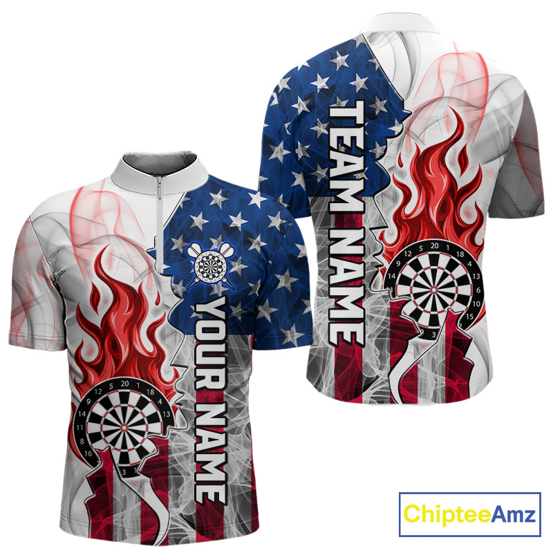 Red flaming dartboard smoke dart 1/4-zip shirt for men custom dart apparel
