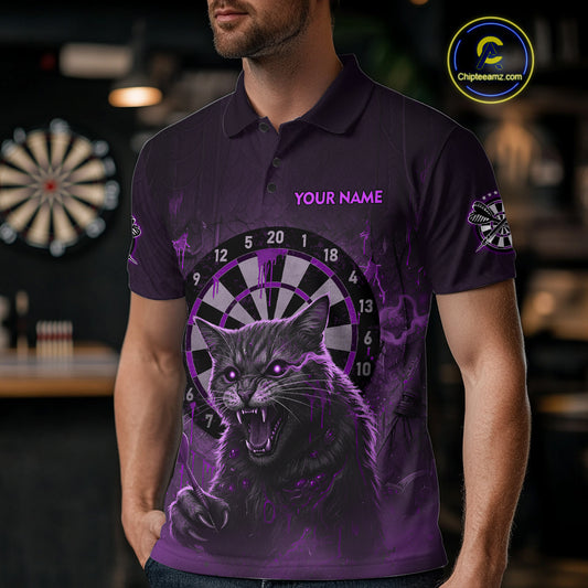 Funny Cat Purple Dripping Dartboard Custom Men's Polo Darts Shirt Outfits Darts Jersey NYN1802