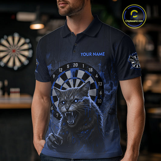 Funny Cat Blue Dripping Dartboard Custom Men's Polo Darts Shirt Outfits Darts Jersey NYN1803