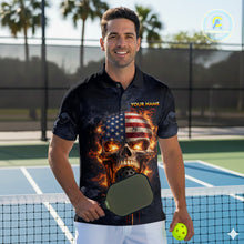 Load image into Gallery viewer, Custom US Flag Skull Fire Flame Pickleball Ball &amp; Paddle T-Shirt Pickleball Jersey For Men NYN2579
