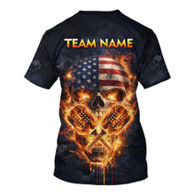 Load image into Gallery viewer, Custom US Flag Skull Fire Flame Pickleball Ball &amp; Paddle T-Shirt Pickleball Jersey For Men NYN2579