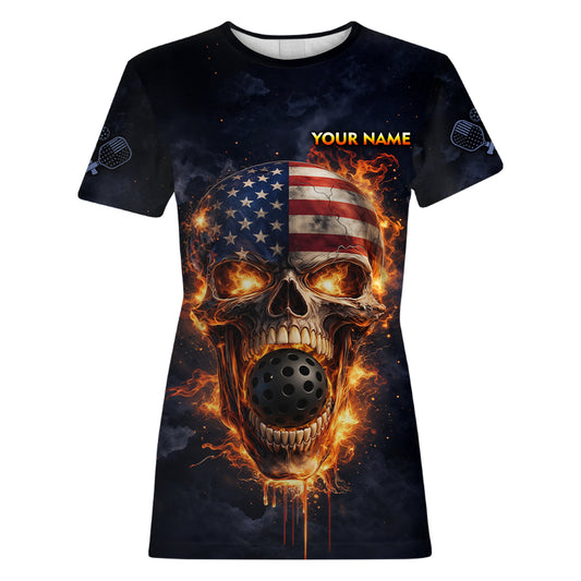 Custom US Flag Skull Fire Flame Pickleball Ball & Paddle T-Shirt Pickleball Jersey For Women NYN2579