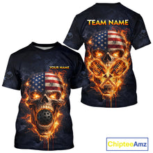 Load image into Gallery viewer, Custom US Flag Skull Fire Flame Pickleball Ball &amp; Paddle T-Shirt Pickleball Jersey For Men NYN2579