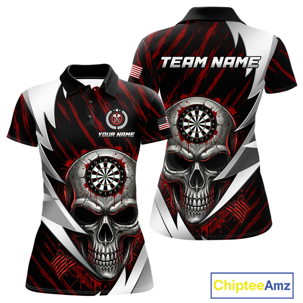 Silver Skull Red Grunge US Flag Women Darts Polo Shirt Custom Name Dart League Jerseys NYN2061