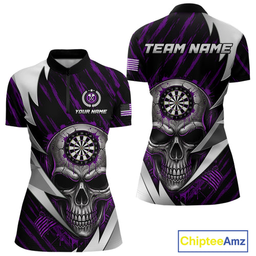 Silver Skull Purple Grunge US Flag Women Darts Quarter-Zip Shirt Custom Name Dart League Jerseys NYN2062