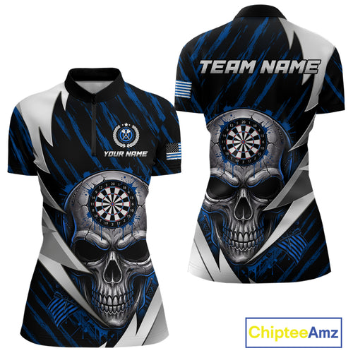 Silver Skull Blue Grunge US Flag Women Darts Quarter-Zip Shirt Custom Name Dart League Jerseys NYN2063