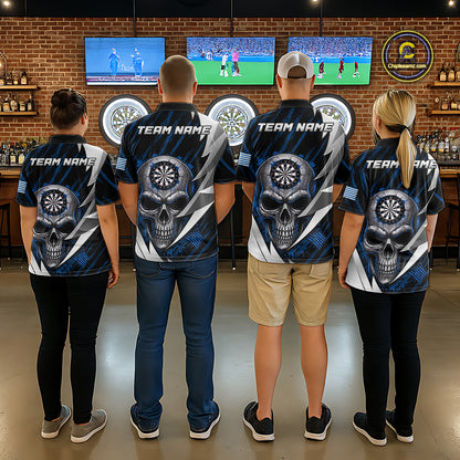 Silver Skull Blue Grunge US Flag Men Darts Quarter-Zip Shirt Custom Name Dart League Jerseys NYN2063