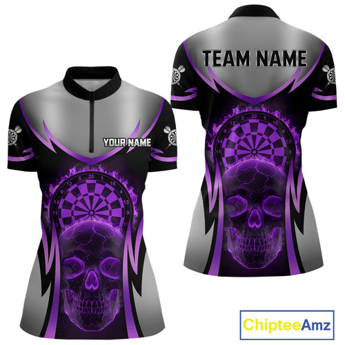Silver Purple Flaming Skull Dartboard Women Darts Quarter-Zip Shirt Custom Team Dart League Jerseys NYN2070