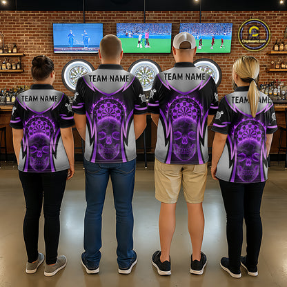 Silver Purple Flaming Skull Dartboard Women Darts Quarter-Zip Shirt Custom Team Dart League Jerseys NYN2070