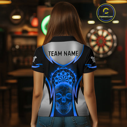 Silver Blue Flaming Skull Dartboard Women Darts Polo Shirt Custom Team Dart League Jerseys NYN2072