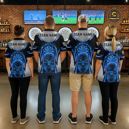 Silver Blue Flaming Skull Dartboard Women Darts Quarter-Zip Shirt Custom Team Dart League Jerseys NYN2072