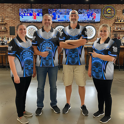 Silver Blue Flaming Skull Dartboard Women Darts Quarter-Zip Shirt Custom Team Dart League Jerseys NYN2072