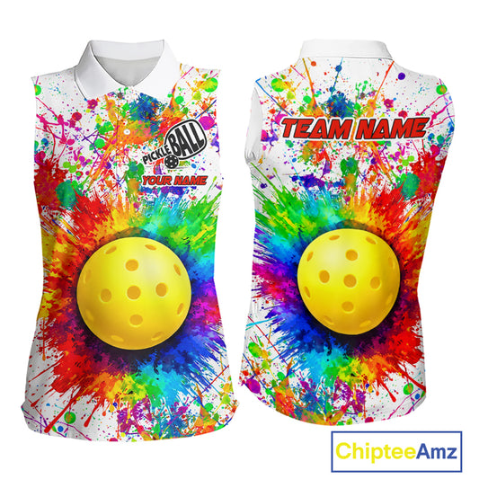 Colorful paint pickleball ball sleeveless polo for women splatter pickleball shirt white