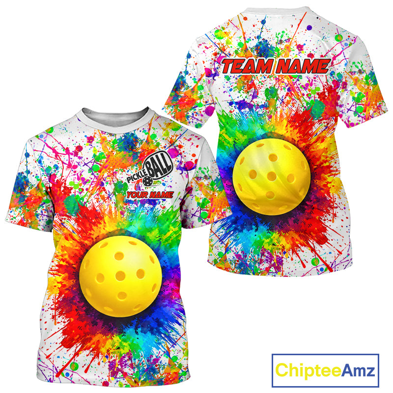 Colorful paint pickleball ball tshirt for men splatter pickleball clothing white