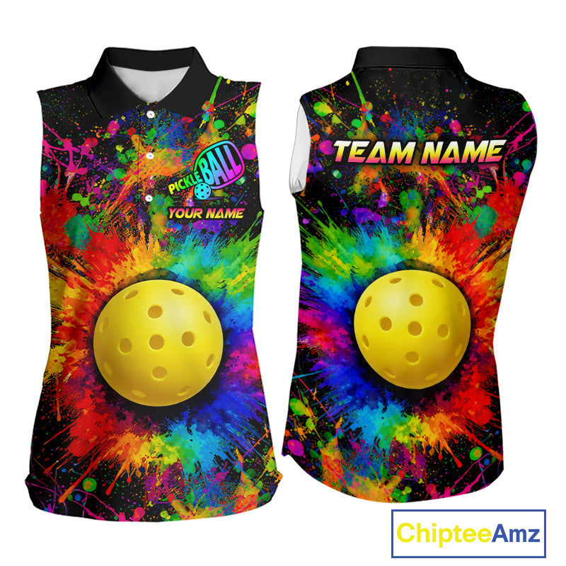Colorful paint pickleball ball sleeveless polo for women splatter pickleball shirt black