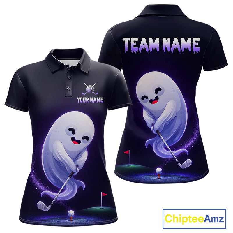 Funny Purple Ghost women's golf polo shirt, Halloween golf apparel, breathable golf uniform, personalized golf team shirt