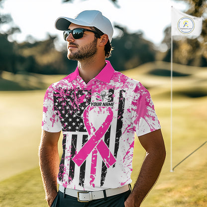 American Flag Splatter Pink Men Golf Polo Shirt Custom Breast Cancer Golf Team Outfits NYN3386