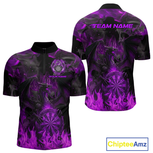 Fire Flames Darts Dragon Purple Dart 1/4-Zip Shirts For Men Personalized Team Dart Jerseys NYN2105