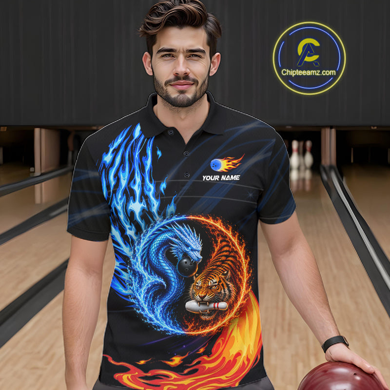 Male bowler wearing Dragon Tiger bowling jersey during league competition