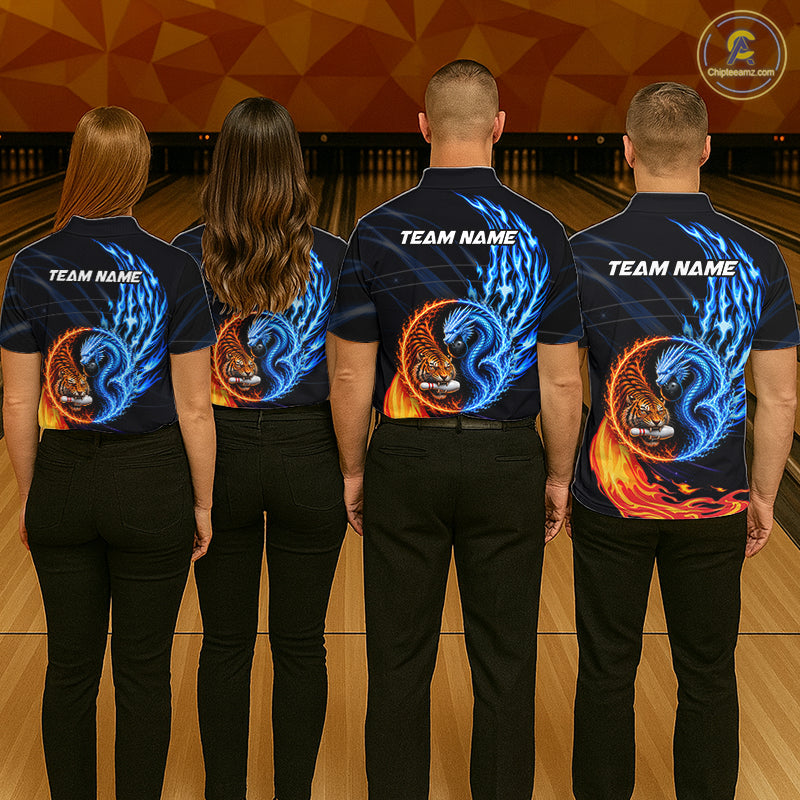 Women's bowling team wearing Dragon & Tiger Blue Red Flame Bowling Polo & Quarter-Zip shirts, personalized bowling jerseys for league night and championship tournaments
