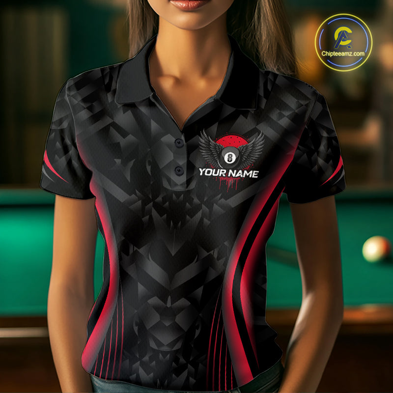 Red Dripping Wings 8 Ball Billiard Polo 1/4-Zip Shirt For Women Custom Billiard Pool Team Jersey NYN3942