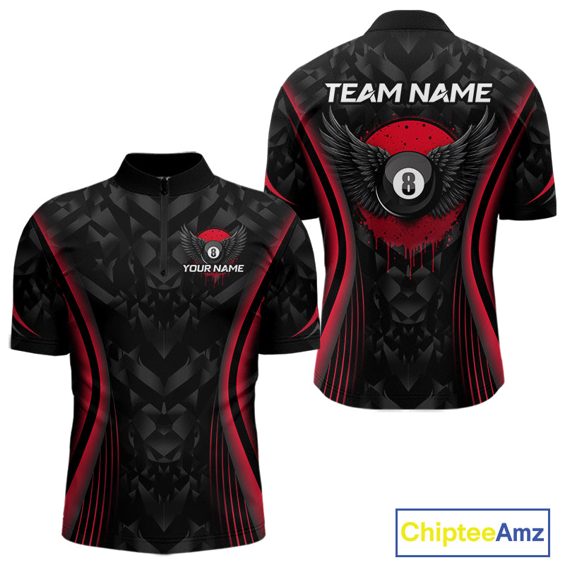 Red Dripping Wings 8 Ball Billiard Polo 1/4-Zip Shirt For Men Custom Billiard Pool Team Jersey NYN3942