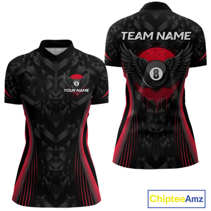 Red Dripping Wings 8 Ball Billiard Polo 1/4-Zip Shirt For Women Custom Billiard Pool Team Jersey NYN3942