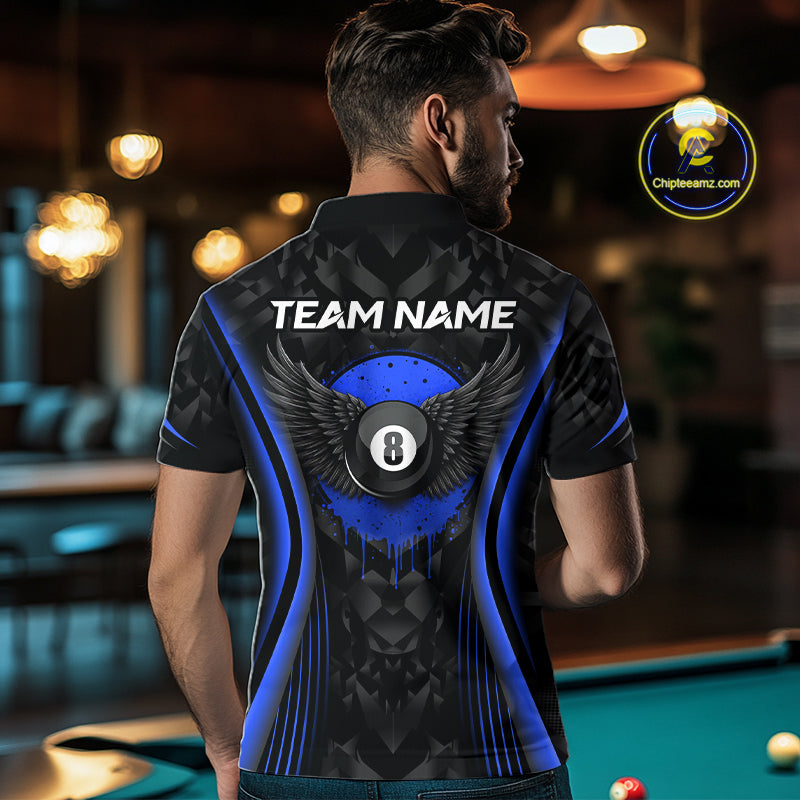 Blue Dripping Wings 8 Ball Billiard Polo 1/4-Zip Shirt For Men Custom Billiard Pool Team Jersey NYN3943