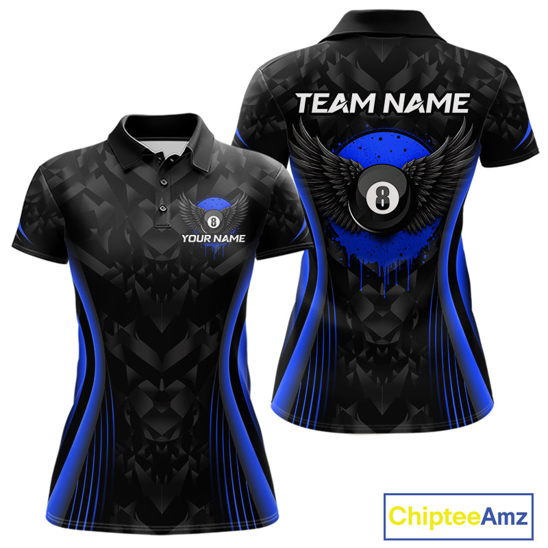 Blue Dripping Wings 8 Ball Billiard Polo 1/4-Zip Shirt For Women Custom Billiard Pool Team Jersey NYN3943