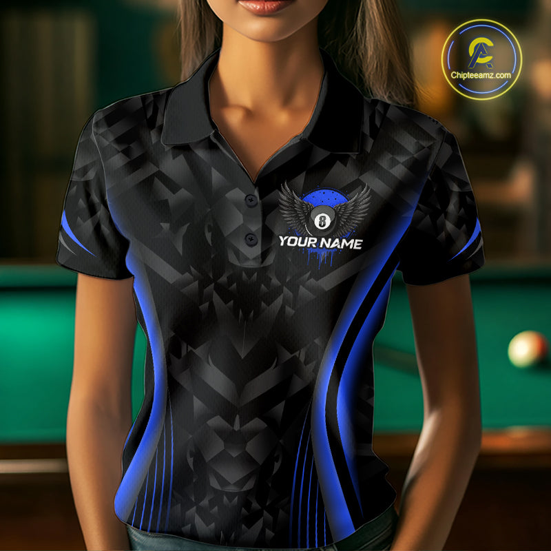 Blue Dripping Wings 8 Ball Billiard Polo 1/4-Zip Shirt For Women Custom Billiard Pool Team Jersey NYN3943