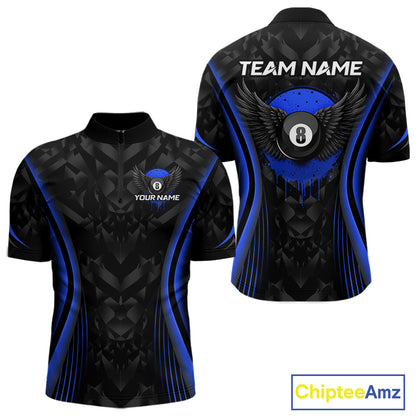 Blue Dripping Wings 8 Ball Billiard Polo 1/4-Zip Shirt For Men Custom Billiard Pool Team Jersey NYN3943