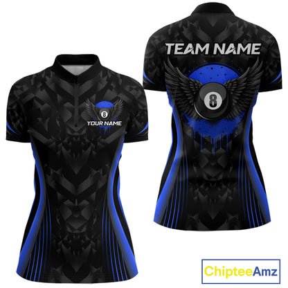 Blue Dripping Wings 8 Ball Billiard Polo 1/4-Zip Shirt For Women Custom Billiard Pool Team Jersey NYN3943