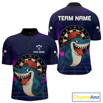Neon Shark & Dartboard Custom Funny Quarter-Zip Shirt For Men - Darts Team Jersey NYN0709