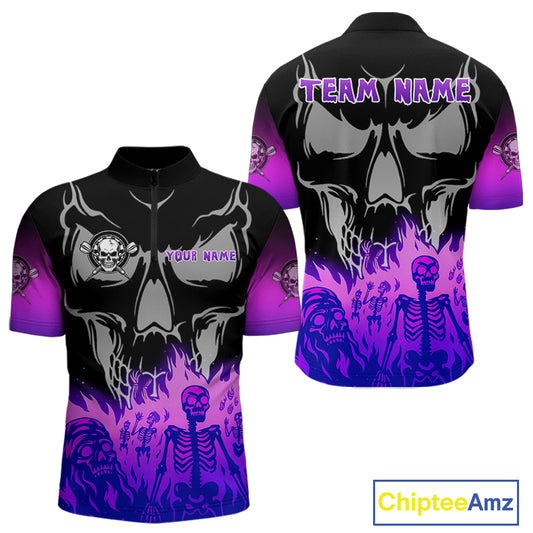 Purple Flaming Skull Dartboard Custom Quarter-Zip Shirt For Men - Darts Team Jersey NYN0714
