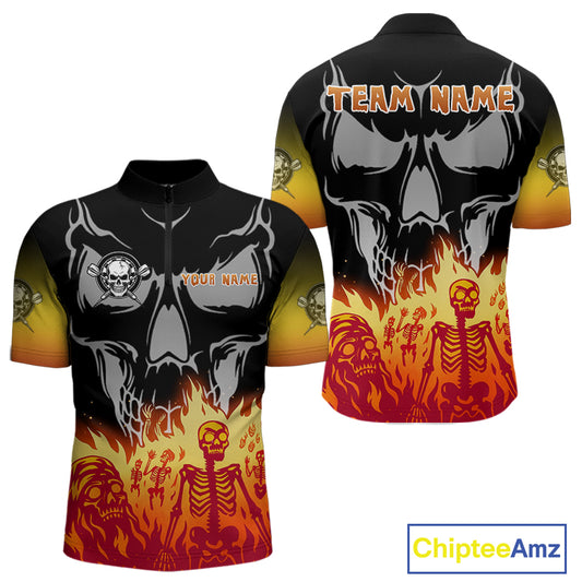 Red Flaming Skull Dartboard Custom Quarter-Zip Shirt For Men - Darts Team Jersey NYN0715