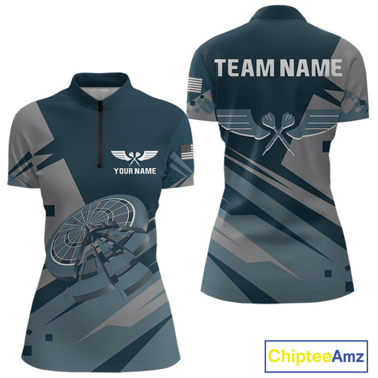 Blue Cracked Dartboard Custom Darts Quarter-Zip Shirt For Women - Darts Team Jersey NYN0725