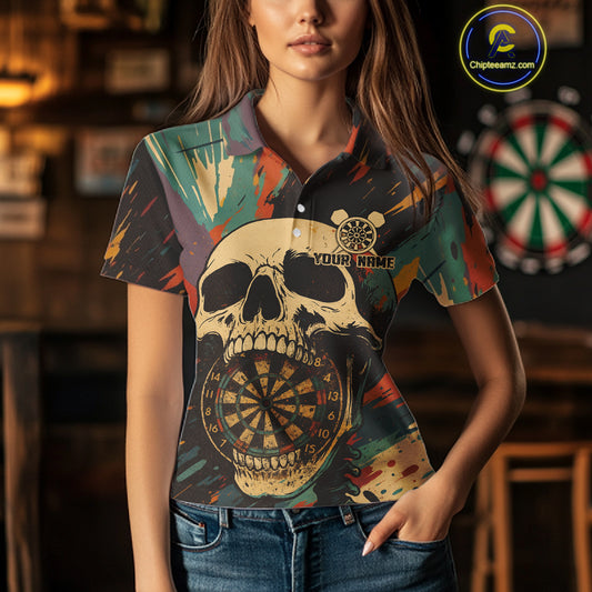 Custom Colorful Skull Grunge Polo Dart Jerseys For Women Skull Dartboard Outfits Dart Shirts NYN1325
