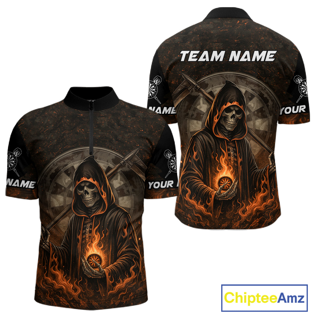 Custom Black-Orange Flames Skull Dartboard Darts 1/4-Zip Jerseys For Men, Darts Fan Uniform NYN0986