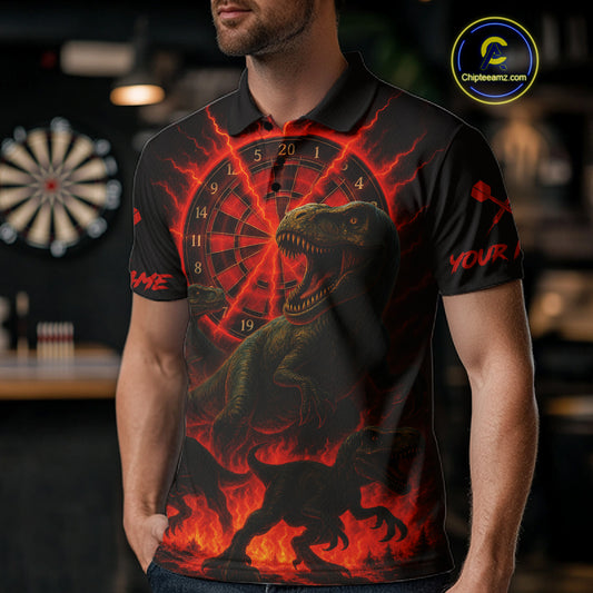 Custom Red Flaming Dinosaurs Dartboard Polo Dart Shirt For Men Dinosaur Dart Jerseys NYN1358