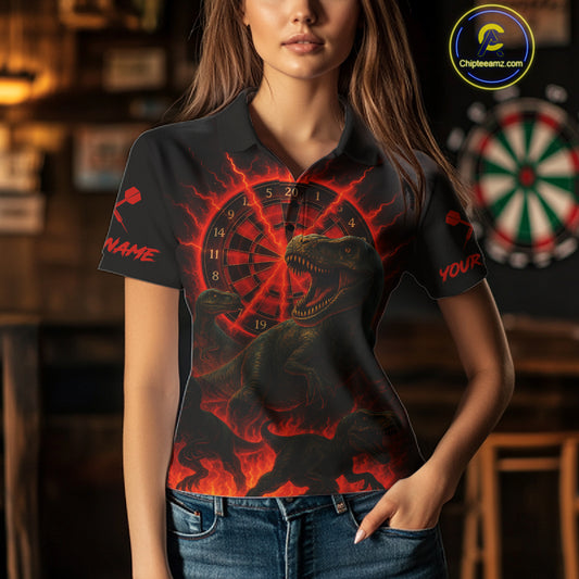 Custom Red Flaming Dinosaurs Dartboard Polo Dart Shirt For Women Dinosaur Dart Jerseys NYN1358