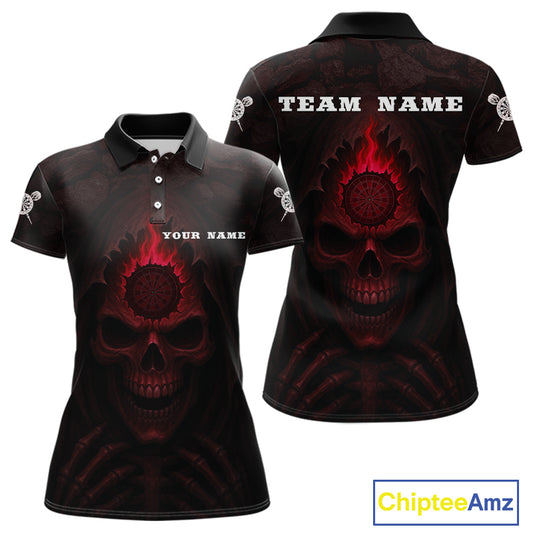 Red Flaming Dartboard In Grim Reaper Women's Team Shirt - Custom Name For Darts Jersey NYN0515