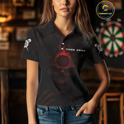 Red Flaming Dartboard In Grim Reaper Women's Team Shirt - Custom Name For Darts Jersey NYN0515