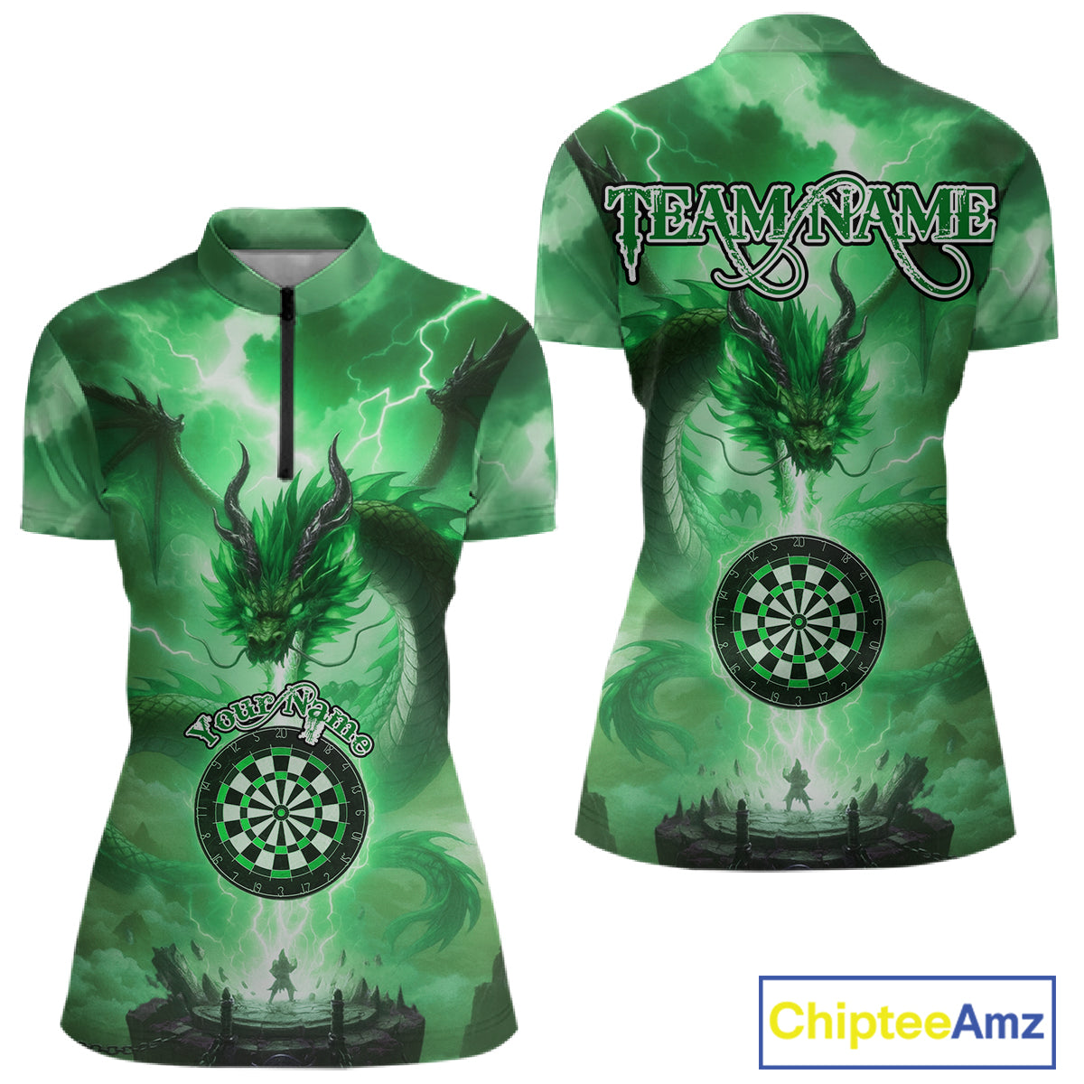 Custom Lightning Green Thunder Dragon Dartboard 1/4-Zip Dart Shirt For Women, Darts Team Jersey NYN1012