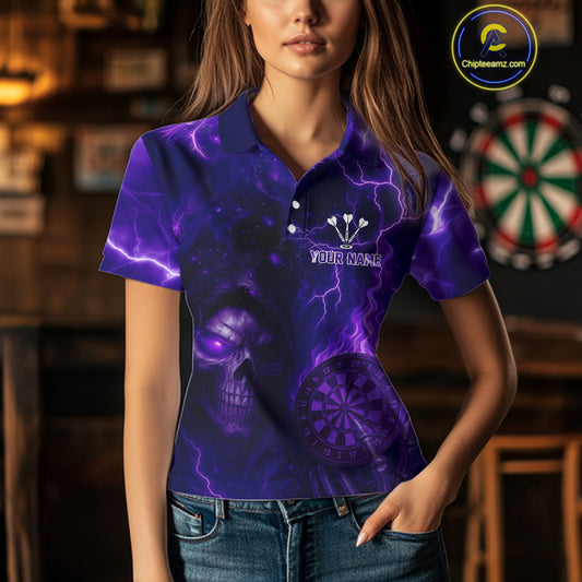 Personalized Purple Flames Skull Dartboard Darts Jersey Custom Women's Skull Darts Polo Shirt NYN1029